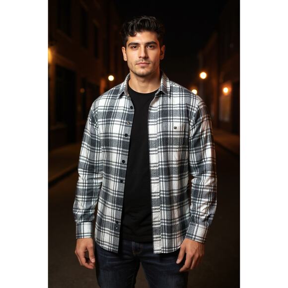 RED HEAD mens gray white plaid flannel button down long sleeve casual work shirt - Picture 1 of 16